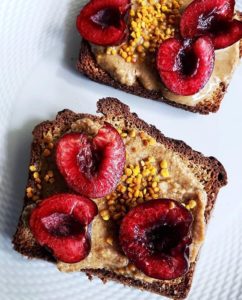 Paleo Toast With Granola Butter, Cherries And Bee Pollen
